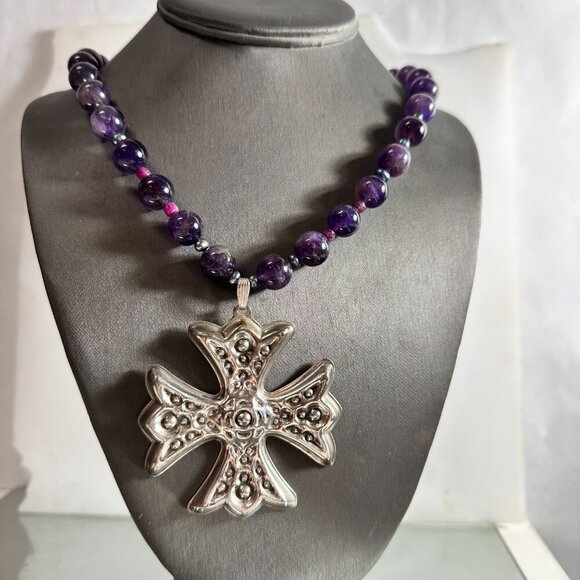 Maltese Cross Sterling Silver Genuine Ruby Tahitian Pearls Amethyst Necklace 925 - Picture 8 of 10